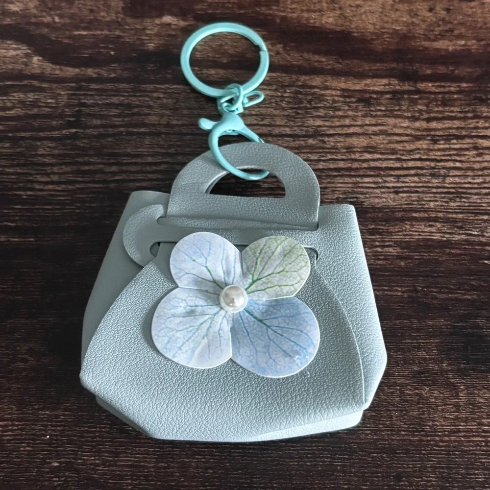 Green Blue Mini Handbag Keychain with Floral Pearl Detail Pouch Accessory